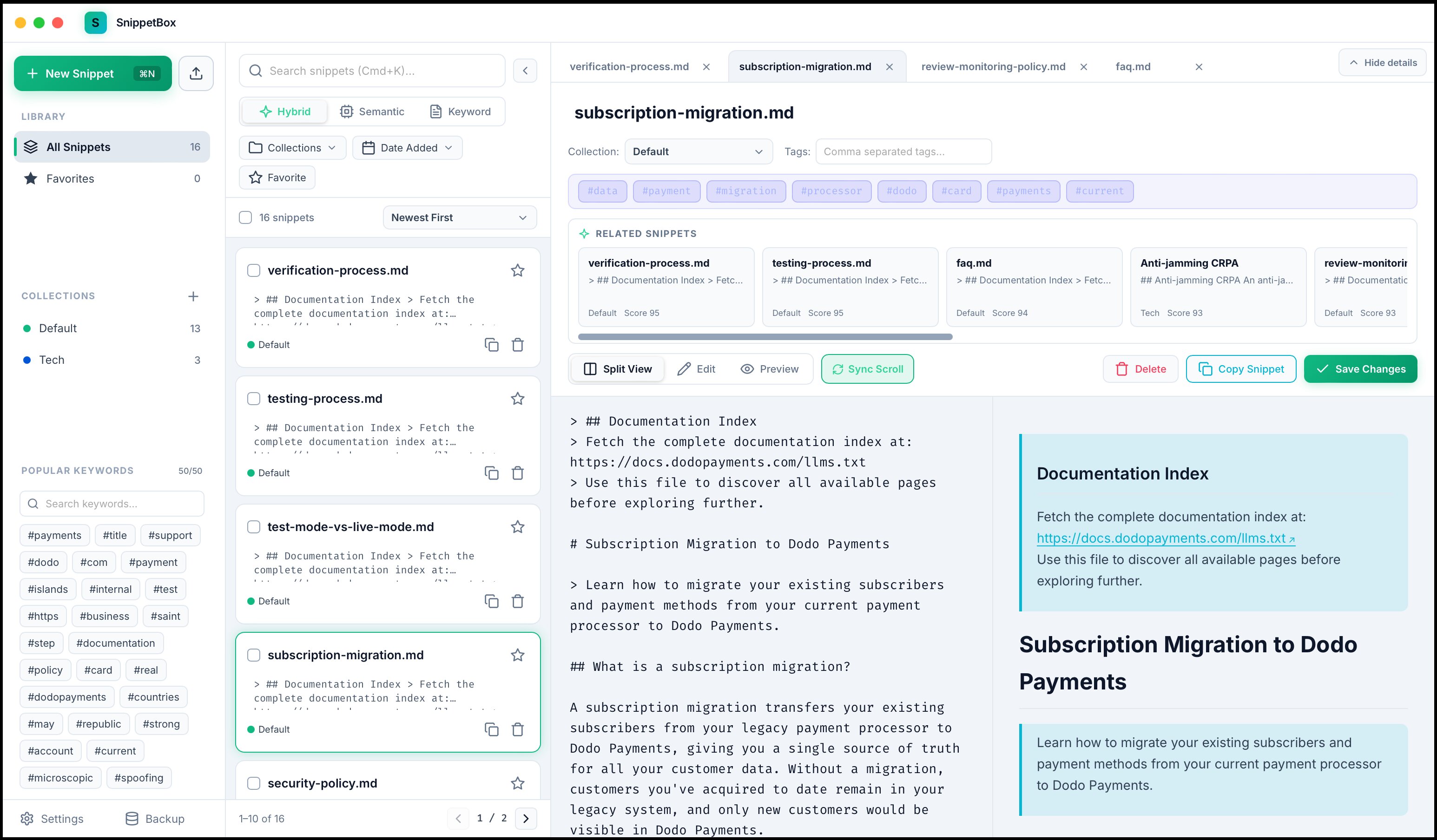 SnippetBox app window showing the snippet browser, tabbed Markdown editor with live preview, keyword cloud and related snippets